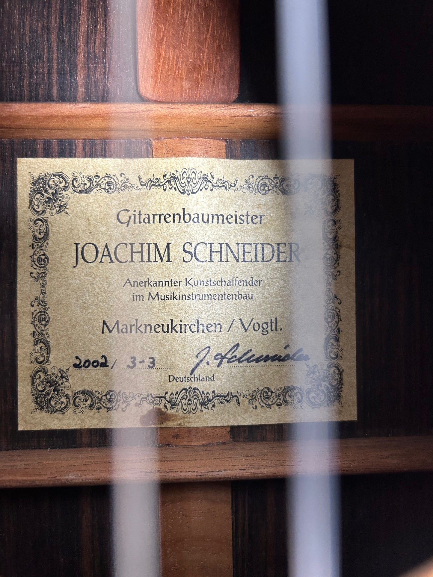 Joachim Schneider 2002 Meistergitarre Etikett