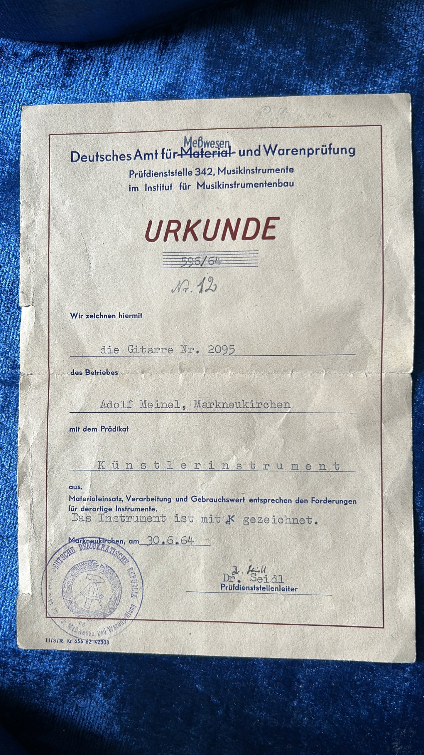 Adolf Meine 1964 Urkunde